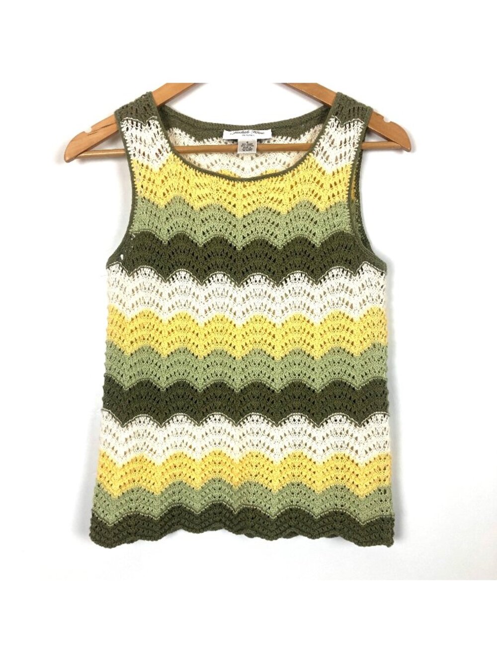 Judith Hart Knit Tank Petite Small Chevron Lace Cotton Yellow Green White Vtg